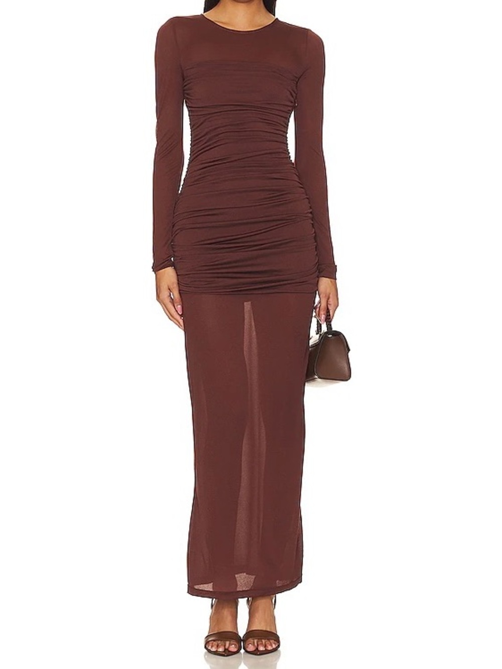 Lacademie Alma Ruched Sheer Mesh Maxi Dress in brown size L_NWT